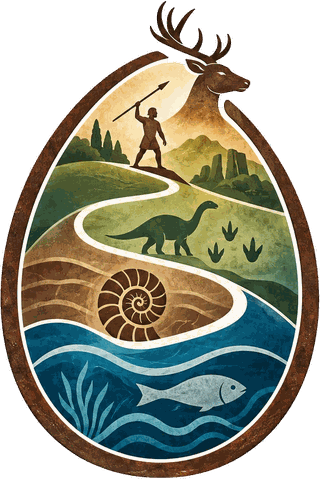 Il logo della Collina delle Origini, ideato da Giovanni Cancellaro: un uovo con dentro il sentiero che sale dal mare, tra l'ammonite e il dinosauro, fino alla vetta con il capriolo